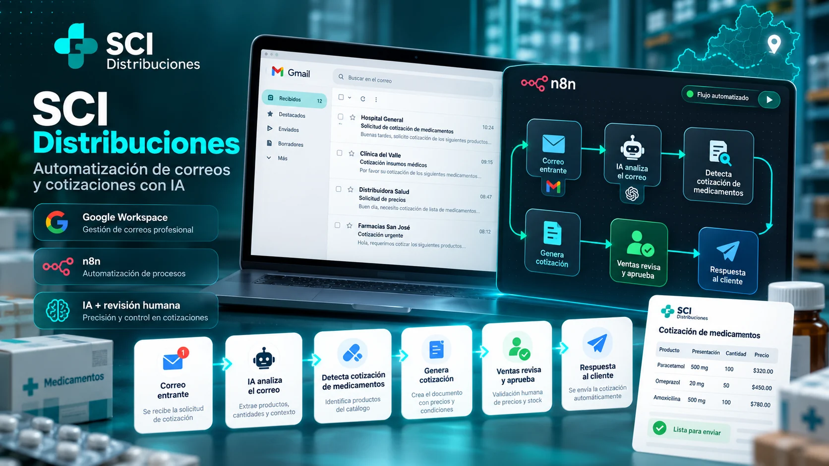 Automatización de correos y cotizaciones con IA para SCI Distribuciones desarrollada por Fundev Studio